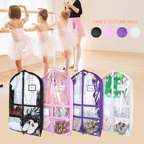 Syeeiex 3" Gusseted Clear Dance Costume Garment Bag(5 Pack), 40'' Dance Garment Bags for Dancers with 4 Zipper Pockets & Can Hold 1-3 Dance Costumes - Suitable for Dance Competitions, Ballet(Black)