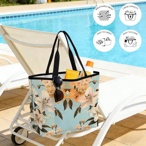 Watercolor Flower Mesh Beach Bag, Lily Seasonal Botanical Blooms Summer Large Tote Bag for Swim Pool Beach Travel