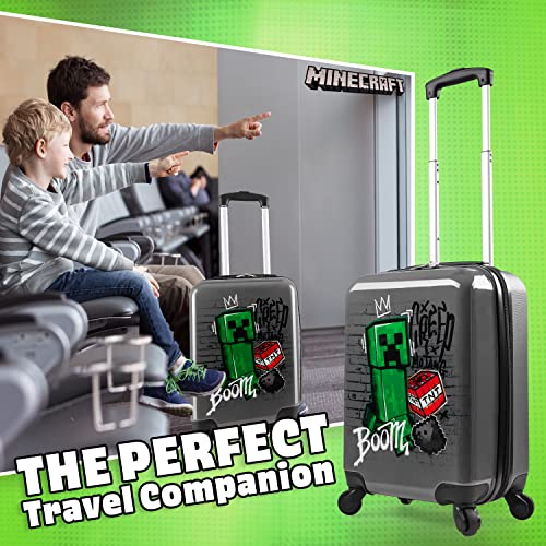 Minecraft Suitcase for Kids Teens Creeper Hard Shell Luggage Rolling Suitcase 4 Wheels Travel Essentials Vacations Trips (Medium Grey, 19.29” - 30L)