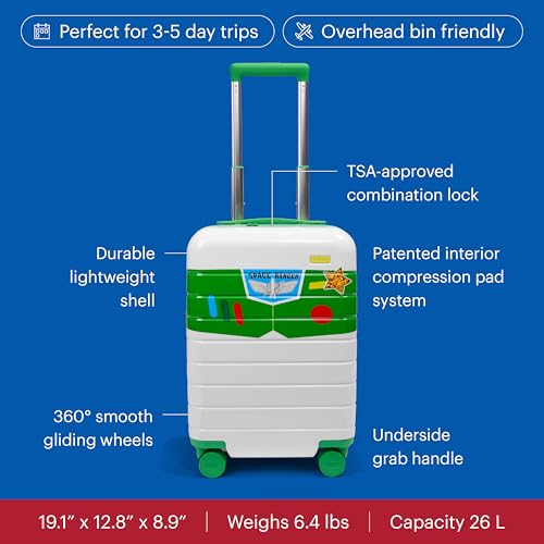 Away Toy Story 5 Kids Carry-On Luggage - 19-Inch Lightweight Hardside Suitcase with 360° Spinner Wheels, Interior Compression System, TSA-Accepted Lock - Buzz Lightyear Purple