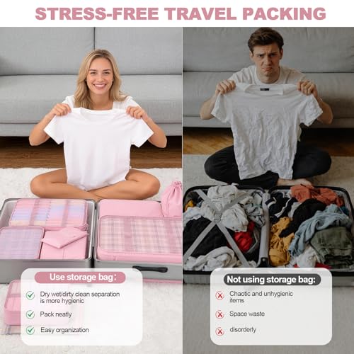 8 Set Packing Cubes for Travel,Suitcase Organizer Bags for Luggage with Shoe & Hanging Toiletry Bag, Vacation Essentials & Accessories for Cruise Ship, Airplane Must-Have,Road Trip & Camp Gifts(Pink)