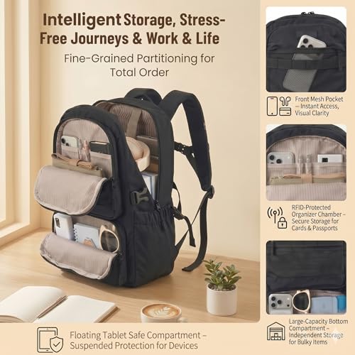 LOVEVOOK Laptop Backpack, 15.6" Carry On Airline Approved, Personal Item Bag Meets FAA Size, Trolley Sleeve Slides Over Suitcase, Waterproof Daypack for Travel College with Mini Pouch