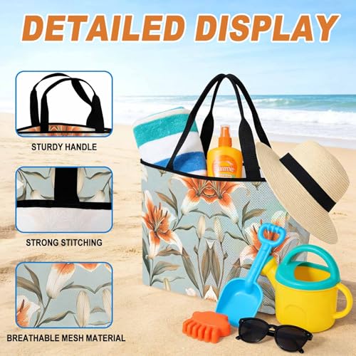 Lily Flower Mesh Beach Bag Tote Waterproof Sandproof,Watercolor Country Blooms Spring Botanical Art Pool Bag Beach Essential