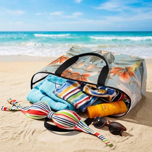 Lily Flower Mesh Beach Bag Tote Waterproof Sandproof,Watercolor Country Blooms Spring Botanical Art Pool Bag Beach Essential