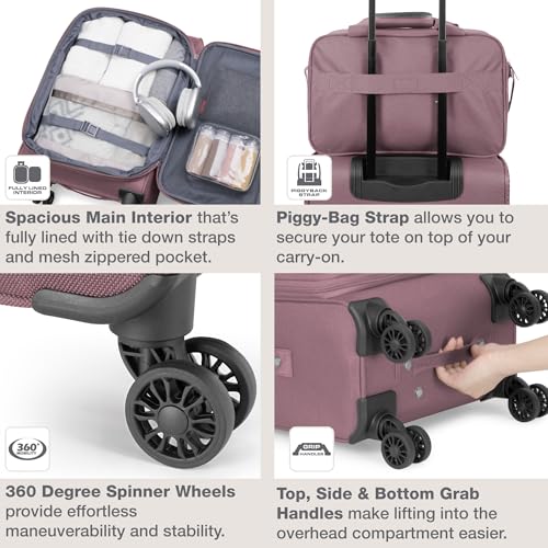 U.S. Traveler Rio Lightweight Softside Rolling Carry-on Suitcase, 4-Wheel Single, Mauve