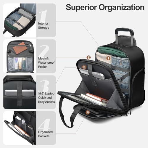 TIAWOLT Multi-functional 16-Inch Underseat Carry on Luggage With Wheels Softside Lightweight Compact Travel Business Suitcase bag for Pilots and Crew,Black