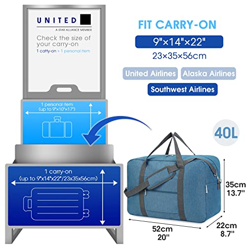 Narwey Carry on Luggage 22x14x9 Airline Approved Foldable Duffle Bag for Travel Packable Duffel Bag for Traveling Airplane for Women and Men 40L (Navy Blue (With Shoulder Strap))