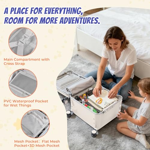 Lavoker 20" Ride-On Suitcase for Kids Lightweight Carry-On Luggage with Detachable Seat&Dual Telescoping Handles&360°Silent Spinner Wheels & TSA Lock