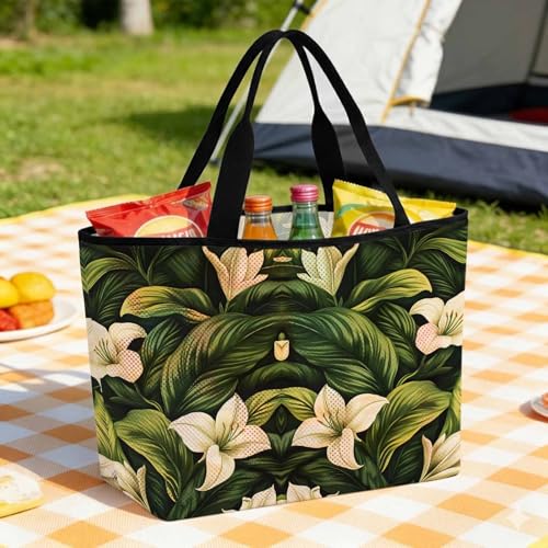 White Lily Flower Beach Bag for Women, Large Breathable Mesh Beach Tote Bag, Tropical Bloom Floral Green Leaf Sandproof Lightweight Travel Bags for Vacation Picnic Swimming Pool 15.7"x15.7"x9.1"
