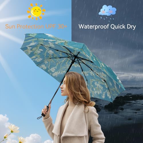 Ucrinei Van Gogh Folding Umbrella, Travel Umbrella with Starry Night Design, Auto Open & Close - Portable Compact Umbrella - Lightweight & Packable for Women & Men (Blooming Apricot Flower)