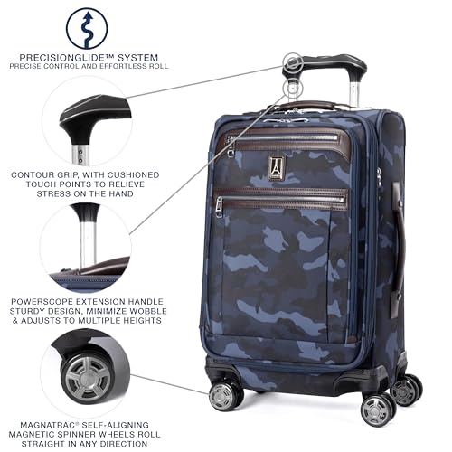 Travelpro Platinum Elite Softside Expandable Carry on Luggage, 8 Wheel Spinner Suitcase, USB Port, Suiter, Men and Women, Navy Camouflage, Carry On 21-Inch