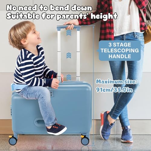 20" Ride on Suitcase for Kids, Carry On Luggage with Kid Seat, Foldable Handlebars Pedals and Removable Wheels Holds up to 110 lbs Luggage Travel Rolling Suitcases for Boys Girls (Blue)