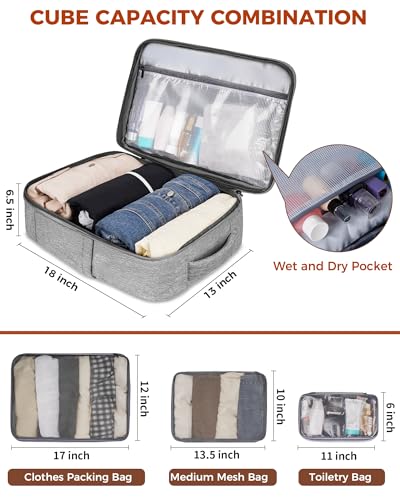 Vancropak Carry on Backpack, Flight Approved 18x14x8 Travel Backpack with 3 Packing Cubes, Expandable Large 40L Travel Bag fits 17.3" Laptop, Anti Theft Luggage Suitcase Weekend for Women Men, Grey