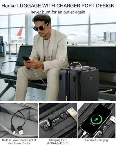 Hanke 20 Inch Expandable Carry On Luggage with Cup Holder 22x14x9 Airline Approved, Top Opening Hard Shell Suitcases with Wheels, Carry-On Travel Suitcase Trunk Luggage with Lock, Jet Black