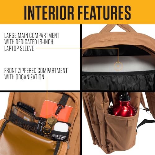 Carhartt 25L Classic Laptop Backpack, Durable Water-Resistant Pack W/ 16" Laptop Sleeve and Multiple Organizational Compartments, Carhartt Brown