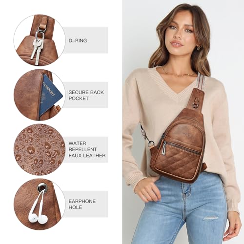 LATMAP Sling Bag For Women Fanny Pack Faux Leather Small Casual Day-pack Backpack Crossbody Chest Bags Purse Waterproof Anti Theft,Brown
