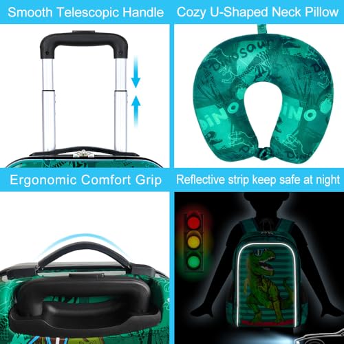 5-Piece Kids Luggage Set for Boys – Cool Hardshell Suitcase with 360° Spinner Wheels, Lightweight Airline-Approved Carry-On (16") for Travel, Dinosaur Green