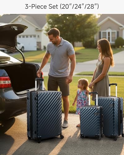 LUGGEX 3 Piece Set Luggage with Spinner Wheels, KVC Polycarbonate Expandable Hard Shell Suitcase (EX-Core, Navy, 3 Piece Sets)
