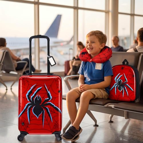 Sanwuta 4 Pcs Spider Luggage Sets 18 Inch Carry on Rolling Suitcase Backpack Neck Pillow Travel Set Gift for Kids Boys