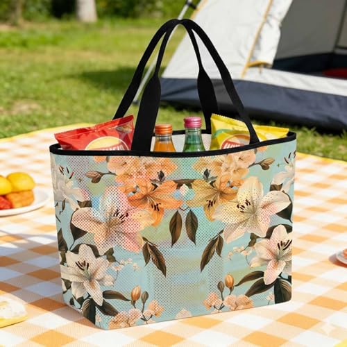 Watercolor Flower Mesh Beach Bag Tote Waterproof Sandproof,Lily Seasonal Botanical Blooms Summer Pool Bag Beach Essential