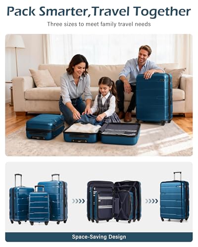 Coolife Medium Checked Luggage Hardside PC+ABS Suitcase with TSA Lock, Lightweight Rolling Carry On with Spinner Wheels(Caribbean Blue, 24in)