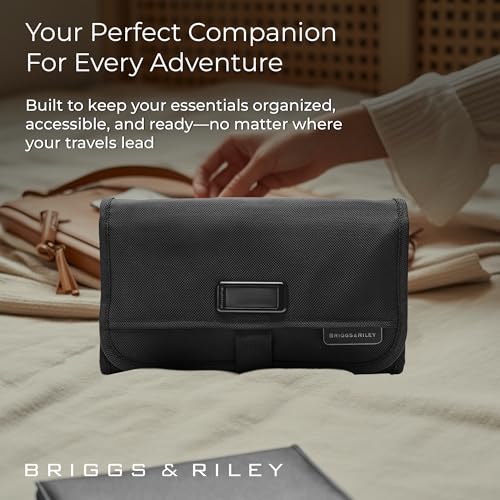Briggs & Riley Slim Hangable Kit - Hanging Toiletry Travel Bags for Women & Men, Organizer for Vacation, Compact Dopp Kit for Bathroom Accessories, Makeup, & Skincare - Baseline Collection, Black