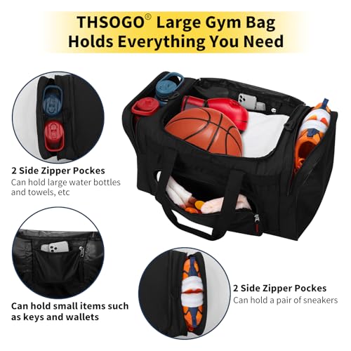 THSOGO 22 inch Gym Bag for Men - 55L Large Travel Duffle Bag Sports Equipment Bag with Multiple Zippered Pockets,Outdoor Workout Duffle Bag for Overnight Weekend - Black