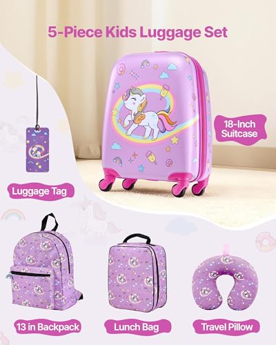 VEVOR Kids Luggage Set, 5 Piece, 18 Inch Hardside Rolling Wheels Suitcase with Backpack & U-shape Pillow, Unicorn Kids Carry on Luggage Set, Holiday Birthday Gift for Girls Boys, Airline Approved