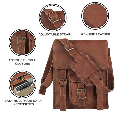 Leather crossbody bag messenger satchel tablet bag 11 inches for men and women (Brown)