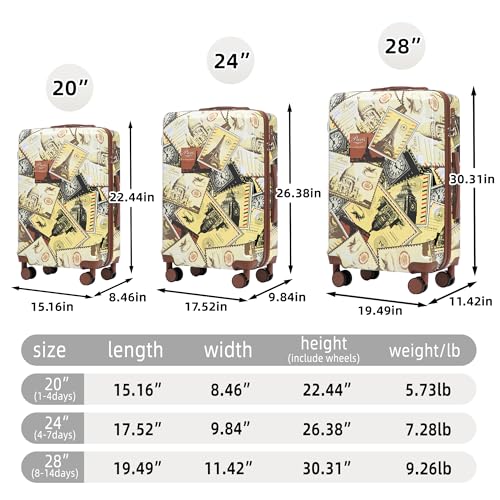 MoBtovs Luggage Sets, 3 Piece Durable Suitcase Set, PC with Printed pattern and Combination Lock, 20"/24"/28", Suitable for Long Term travel and Carrying with You, Black Vintage