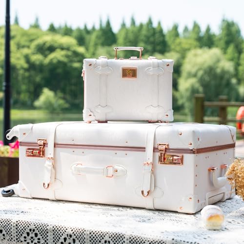 urecity 20" Rose White Vintage Luggage Set 2 Piece, Aluminum Frame Retro Carry On Suitcase with Cosmetic Case, Vegan Leather Spinner Trunk for Women (Clear Cover Included)