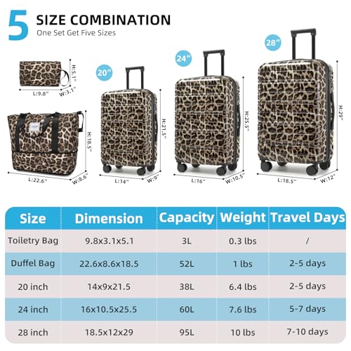 LARVENDER Luggage Sets 5 Piece Hardside Expandable Suitcase with Wheels Lock,PC+ABS Hardside Lightweight Rolling Suitcase for Women and Men,Cheetah