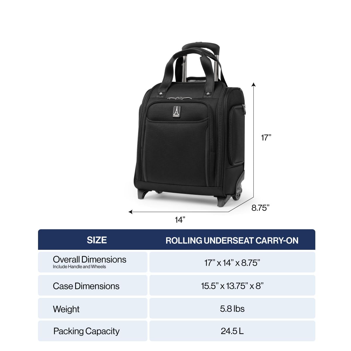 Travelpro Crew Classic Lightweight Softside Luggage, Rolling Underseat Carry on Bag, 14" Laptop or Tablet Sleeve, Men and Women, 17-Inch, Black