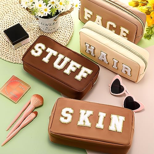 Cunno Preppy Makeup Bags Chenille Letter Stuff Bag Nylon Cosmetic Pouch Cases with Zipper for Women Travel Toiletry(Brown Set,Classic,4 Pcs)