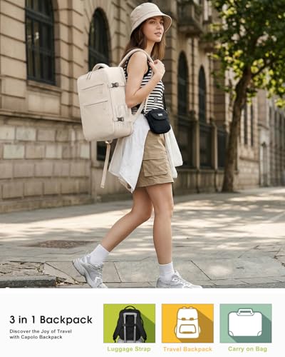 Capolo Travel Backpack for Women Men Waterproof Laptop Backpack Airlines Approved Carry On Backpack Bag Computer Bookbag for Business, Work, Traveling Fits 15.6 Inch Laptop(Beige)