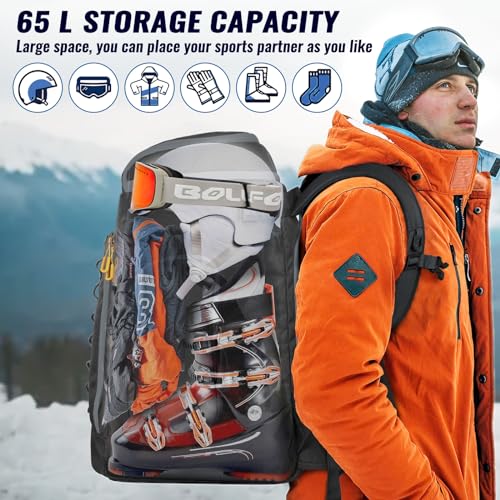 RESVIN Ski Boot Bag, 65L Durable Travel Backpack, 1680D Nylon Waterproof Snowboard Boot Bag, Skiing and Snowboarding Travel Luggage for Helmet, Goggles, Gloves, Outerwear & Accessories (Light Black)