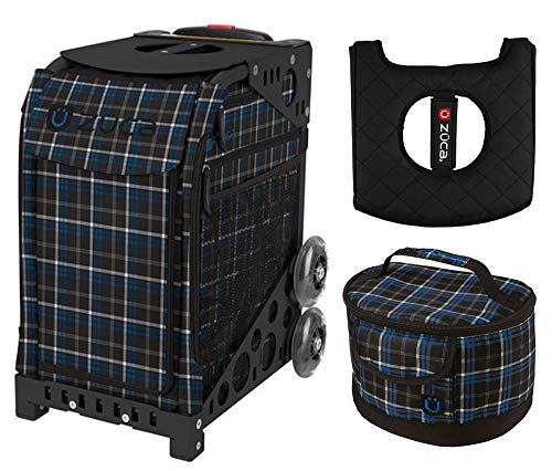 ZUCA Sport Bag - Imperial Plaid with Gift Lunchbox and Seat Cushion (Black Non- Flashing Wheels Frame)