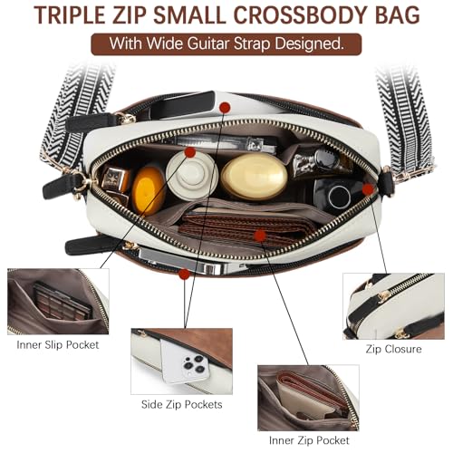 BOSTANTEN Small Crossbody Purse for Women Triple Zip Cell Phone Leather Shoulder Handbag with Wide Guitar Strap Brown with Black