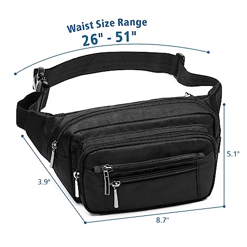 Packism Fanny Packs for Women Men - 6 Pockets Large Crossbody Waist Bag with Adjustable Strap Belt Bag for Travel Running Hiking, Black