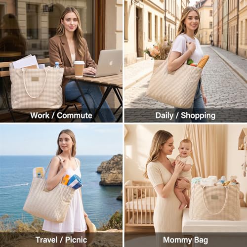 Lee Gingham Tote Bag for Women, Extra Large Cotton Shoulder Bag, Casual Cute Plaid Tote Bag Lightweight Beach Handbag, Multipurpose Reusable Grocery for Travel, Shopping, Weekender, LEE64-001TN