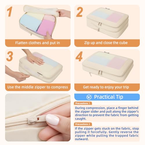 BAGAIL 4 Set/6 Set/8 Set Compression Packing Cubes Travel Accessories Expandable Packing Organizers (Square Mesh, 06-Beige)