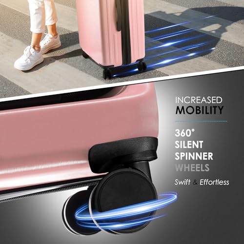 TRAVELARIM 20 Inch Carry On Luggage 22x14x9 Airline Approved, Carry On Suitcase with Wheels, Hard-shell Carry-on Luggage, Durable Luggage Carry-On, Pink Small Suitcase with Cosmetic Case