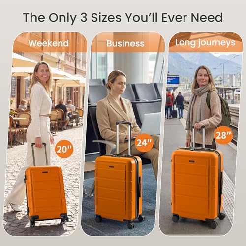 SHOWKOO Luggage Sets Expandable 100% PC Durable Suitcase Sets Double Wheels TSA Lock 4 Piece Luggage Set Orange