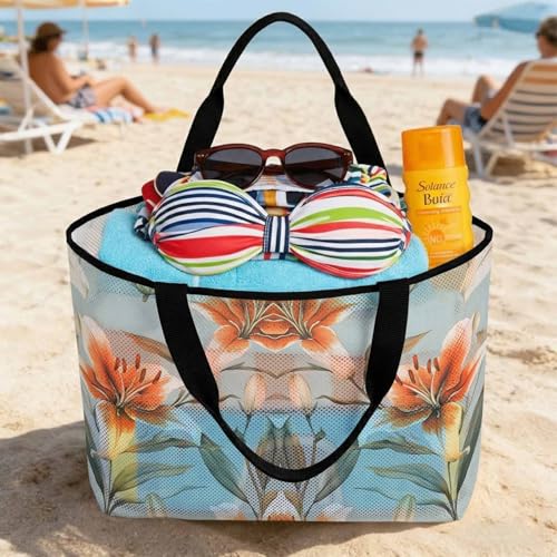 Lily Flower Mesh Beach Bag Tote Waterproof Sandproof,Watercolor Country Blooms Spring Botanical Art Pool Bag Beach Essential