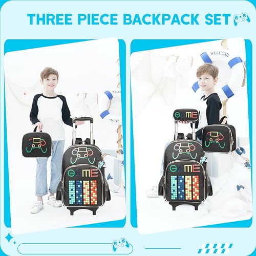 Meetbelify Backpack with Wheels for Boys Rolling Backpack Kids School Bag with Lunch Box Set for Elementary Student Travel Suitcase Laptop Luggage for Boys Age 6-8