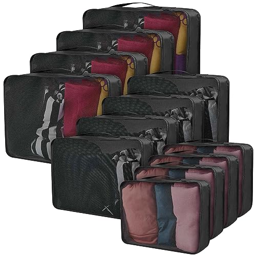 Silkfly 12 Pcs Packing Cubes for Suitcase Travel Luggage Bags Bulk Mesh Organizer Set for Hiking Camping Backpacking Clothes Accessories (Black,XL, L, M Size)
