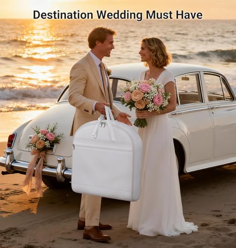 MISSLO 2-in-1 Wedding Dress Garment Bag with 5 Bride Accessories Pockets 70" Dress Bags for Gowns Long with Adjustable Handles Trifold Dresses Cover for Travel and Closet Storage, White