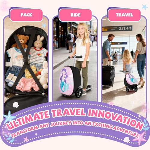 Baotree Scooter Suitcase for Kids, 2 in 1 Ride-on Luggage with Flash PU Wheels, Adjustable Handle & TPR Non-Slip Grip, Foldable & Lightweight, Ages 5-12