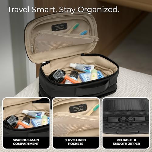Briggs & Riley Expandable Essentials Kit - Toiletry Travel Bags for Women & Men, Organizer for Vacation, Compact Dopp Kit for Bathroom Accessories, Makeup, & Skincare - Baseline Collection, Black