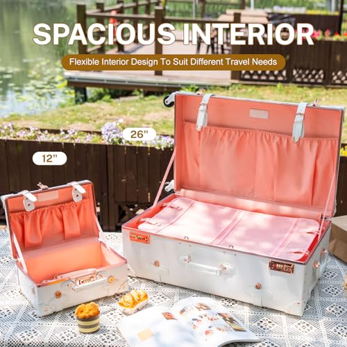 urecity 20" Rose White Vintage Luggage Set 2 Piece, Aluminum Frame Retro Carry On Suitcase with Cosmetic Case, Vegan Leather Spinner Trunk for Women (Clear Cover Included)
